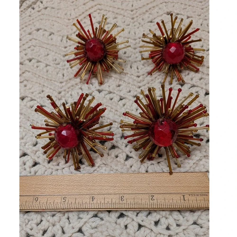 Vintage Beaded Starburst Napkin Rings Set of 4 Red Amber Gold Sunburst MCM Style